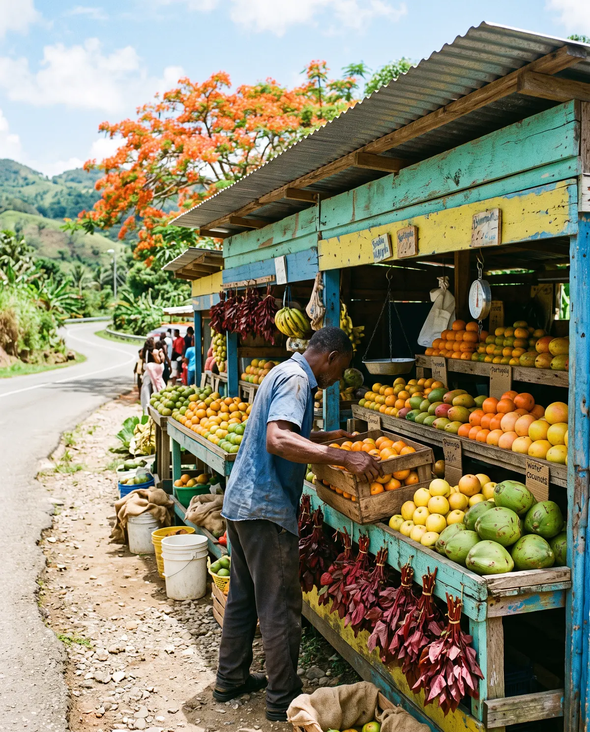 Roadside fruit stall piled with oranges, grapefruit, mangoes and sorrel