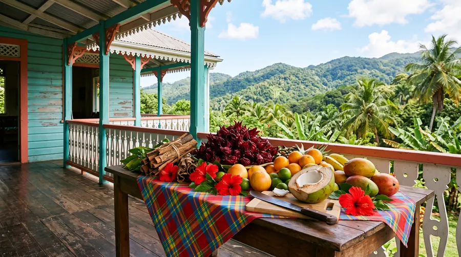 Fruit laid out on a veranda table in Trinidad