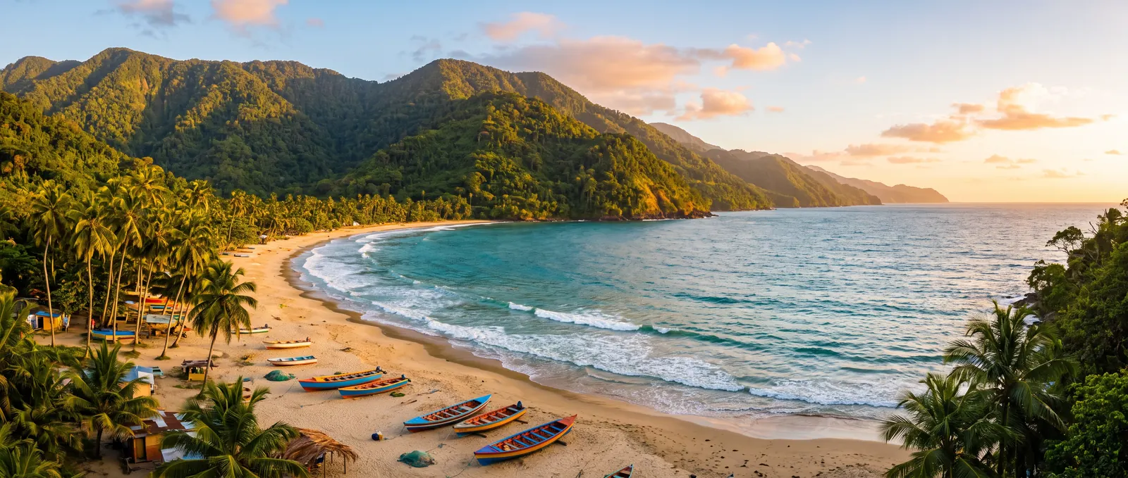 Maracas Bay at golden hour, with fishing boats on the sand