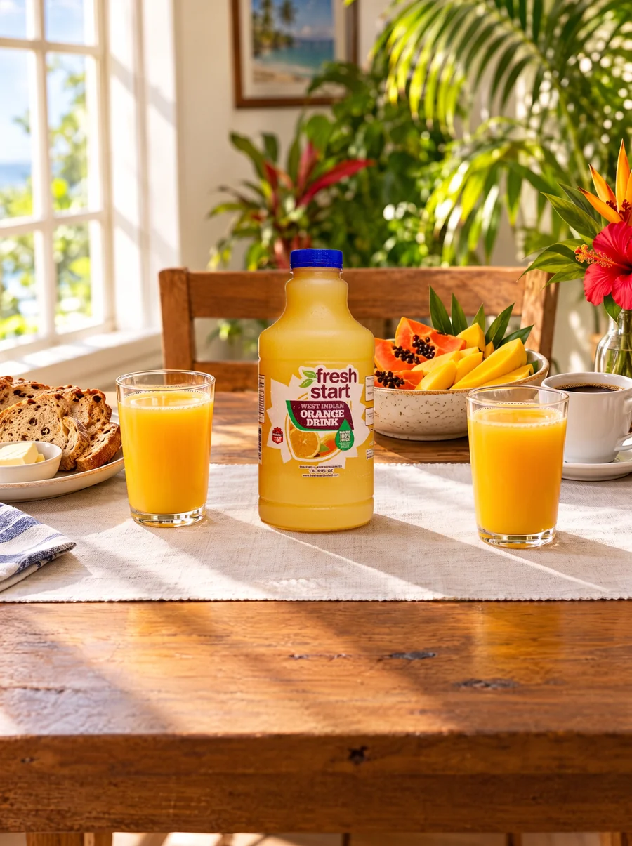 Fresh Start West Indian Orange 1.8L on a breakfast table with two glasses of orange juice