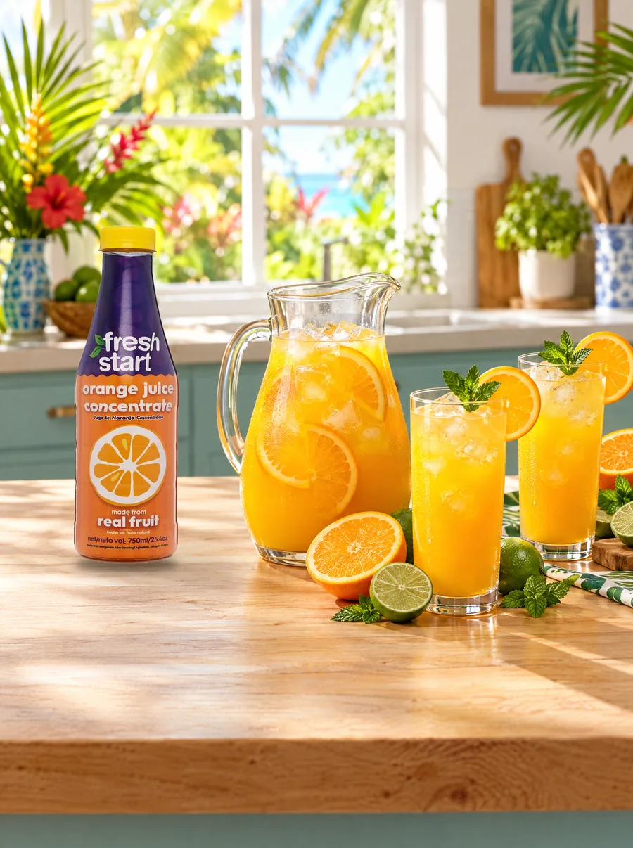 Fresh Start Orange Juice Concentrate beside a jug of orange juice and two iced glasses on a kitchen table