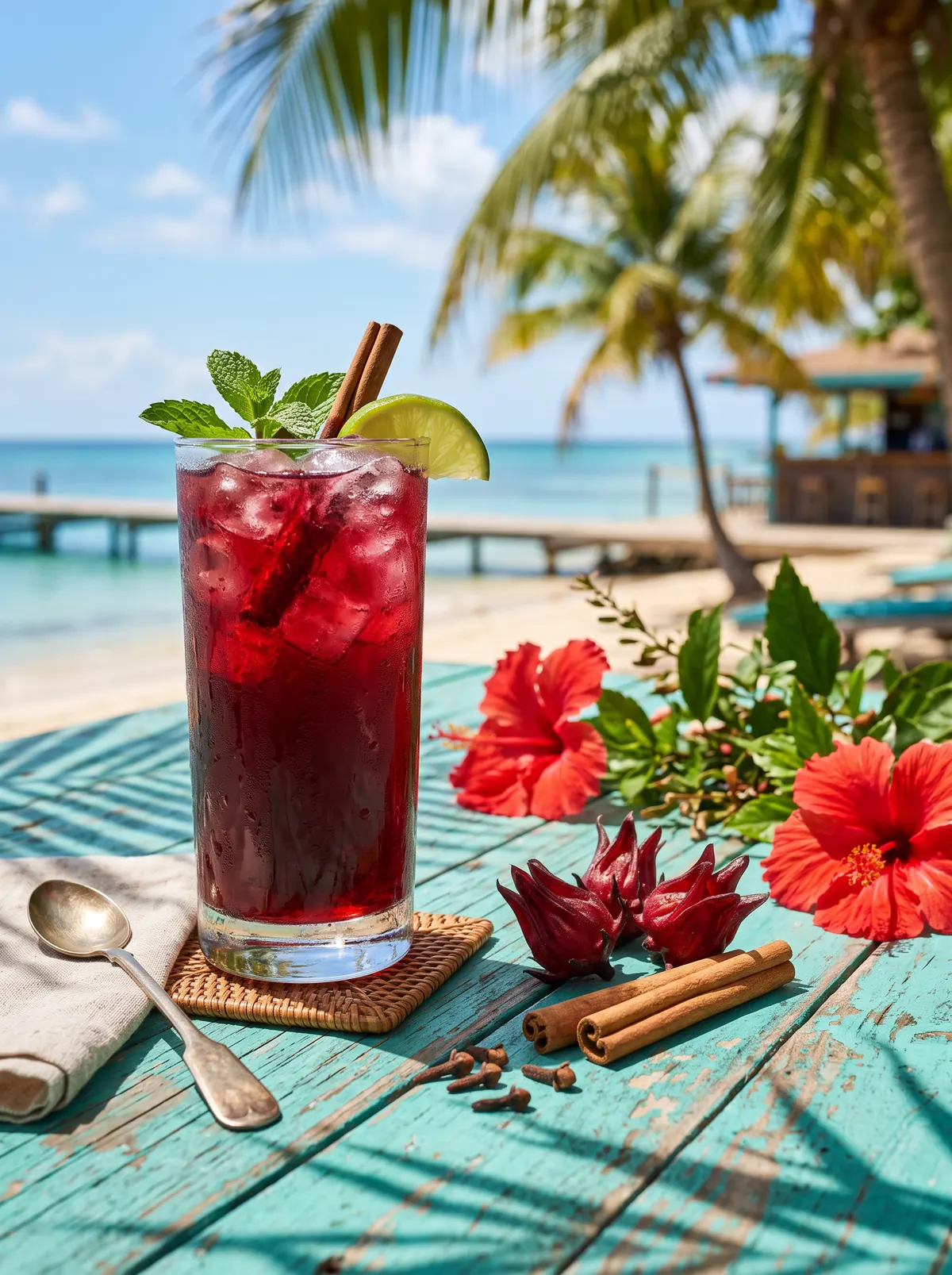 Iced sorrel with lime and mint on a beach table
