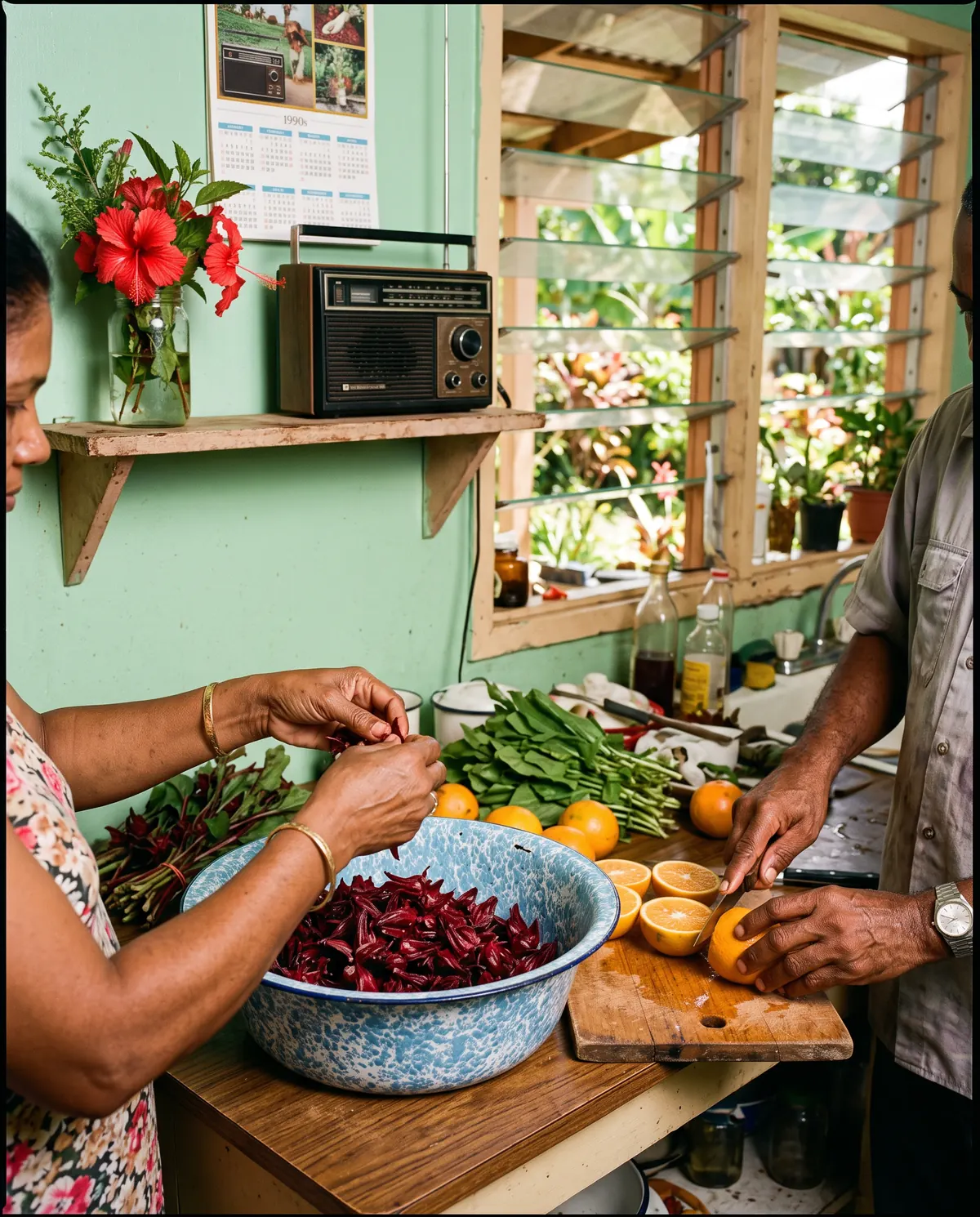 Hands cutting oranges and stripping sorrel into an enamel basin in a sunny Trinidad kitchen