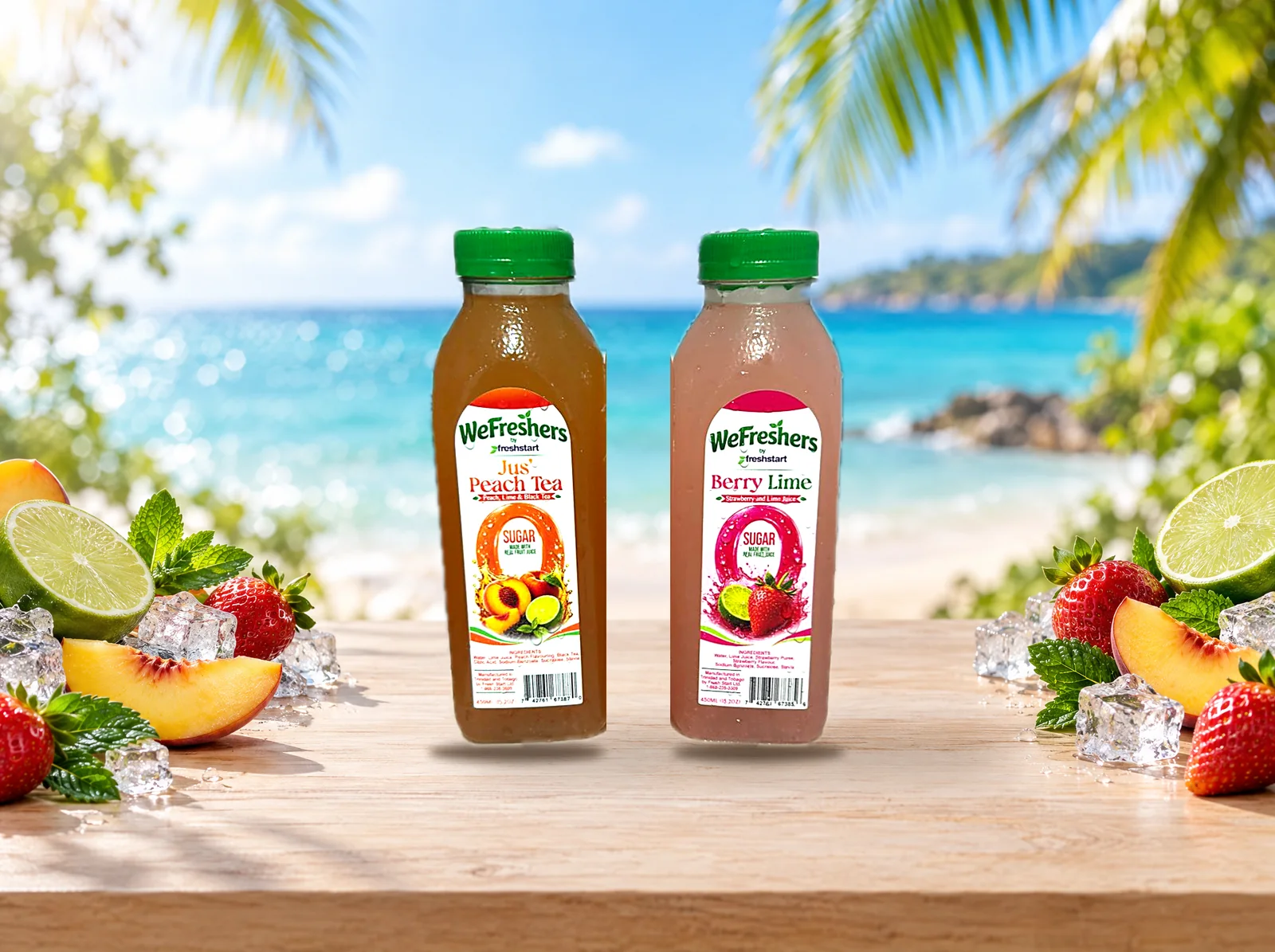 Wefreshers Jus' Peach Tea and Berry Lime bottles on a table by the beach, with limes, peaches, strawberries and ice