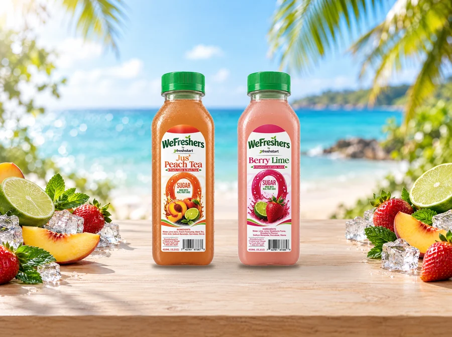 Wefreshers Jus' Peach Tea and Berry Lime bottles on a beach table